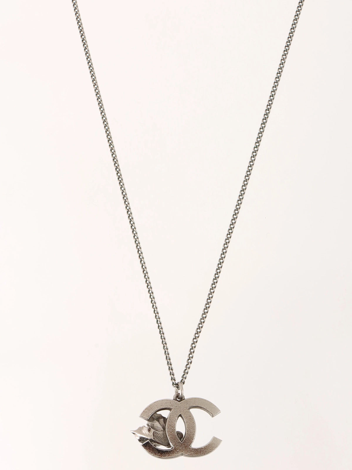 2005年製 ラインストーンリーフCCマークプレートネックレス ガンメタル