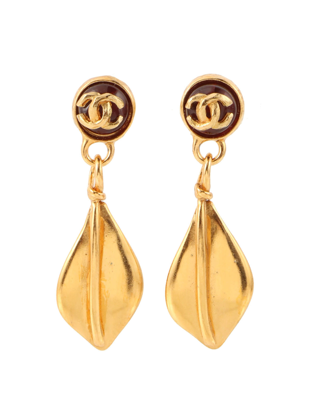 1999 Gripois Round CC Mark Swing Leaf Earrings in Gold/Red