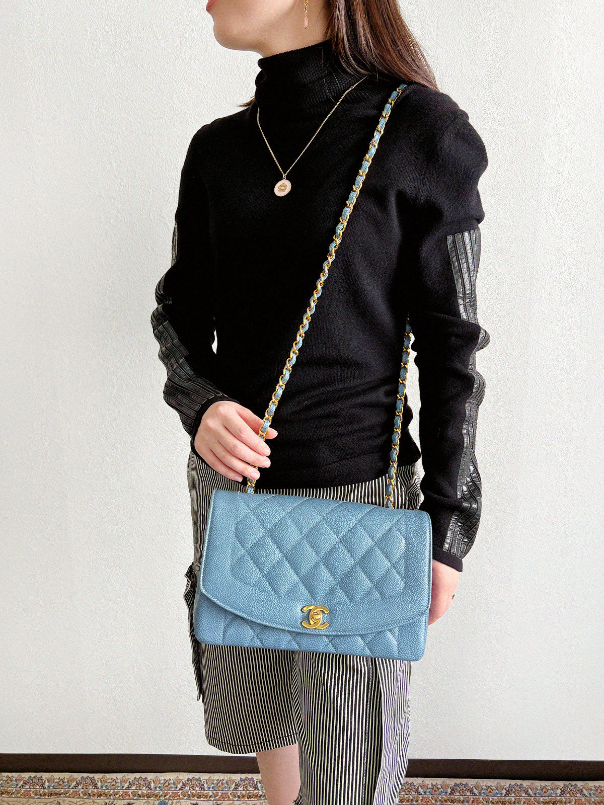 1995 Diana Flap Chain Bag, 25cm, Light Blue, Caviar Skin