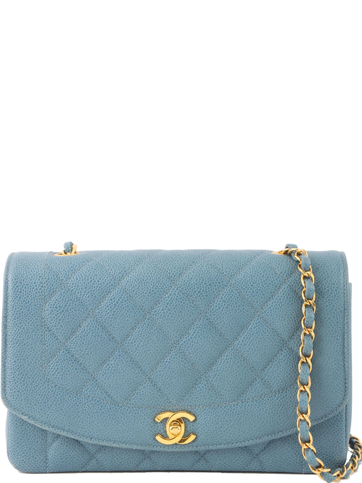1995年頃製 キャビアスキンダイアナフラップチェーンバッグ25cm ライトブルー