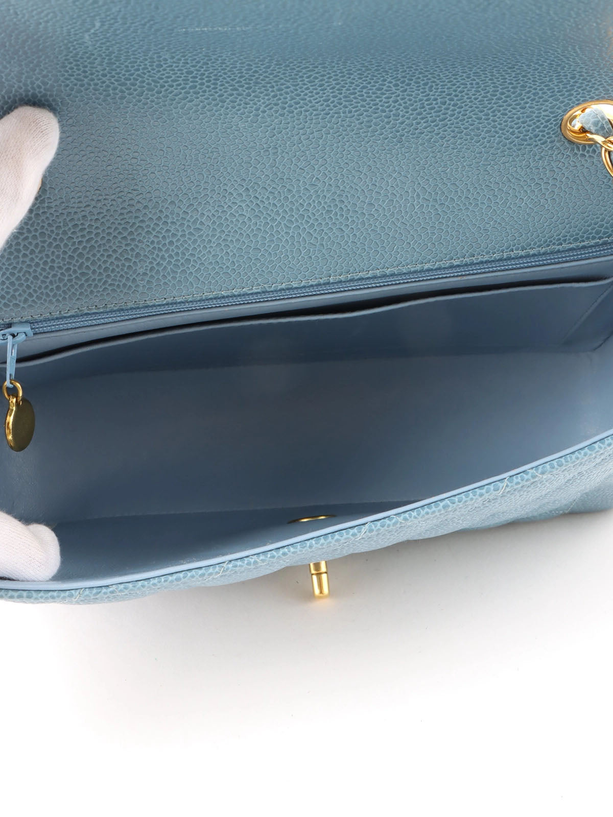 1995年頃製 キャビアスキンダイアナフラップチェーンバッグ25cm ライトブルー