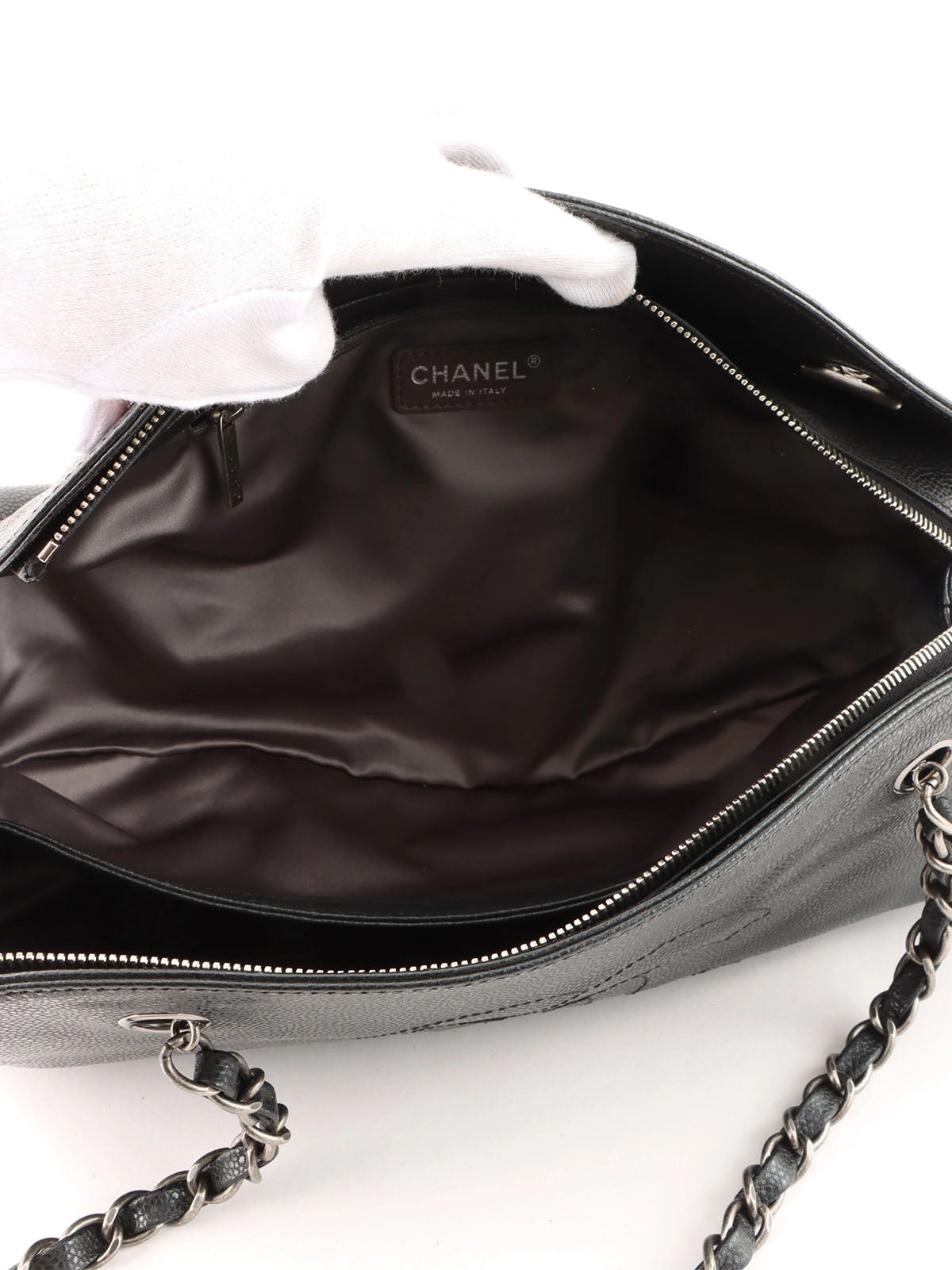 2009 Caviar Skin CC Mark Stitch Chain Tote Bag Black