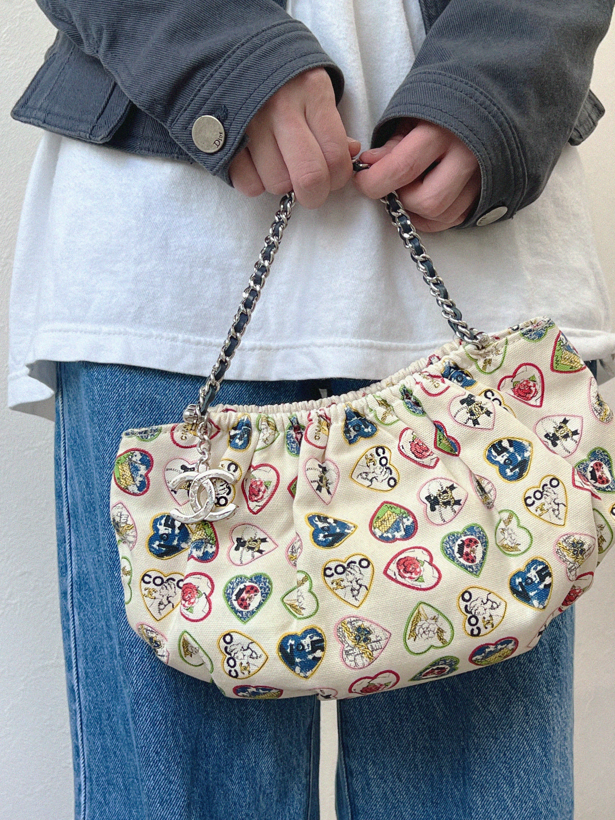 2006年頃製　CCマークバレンタインチェーンハンドバッグ　アイボリー/マルチ