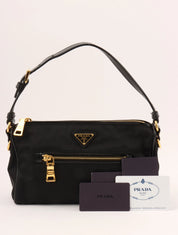 Nylon logo plate handbag in black