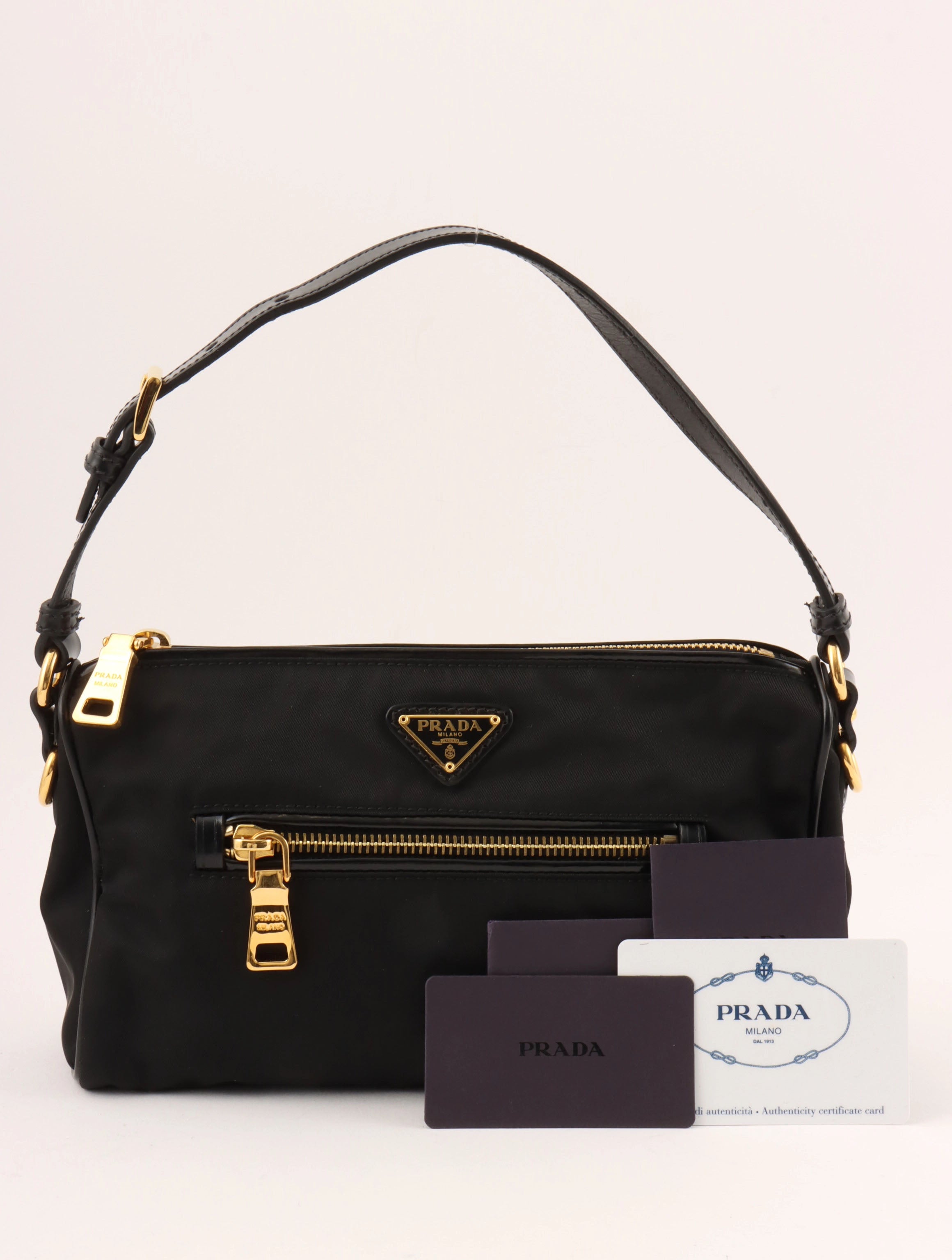 Nylon logo plate handbag in black