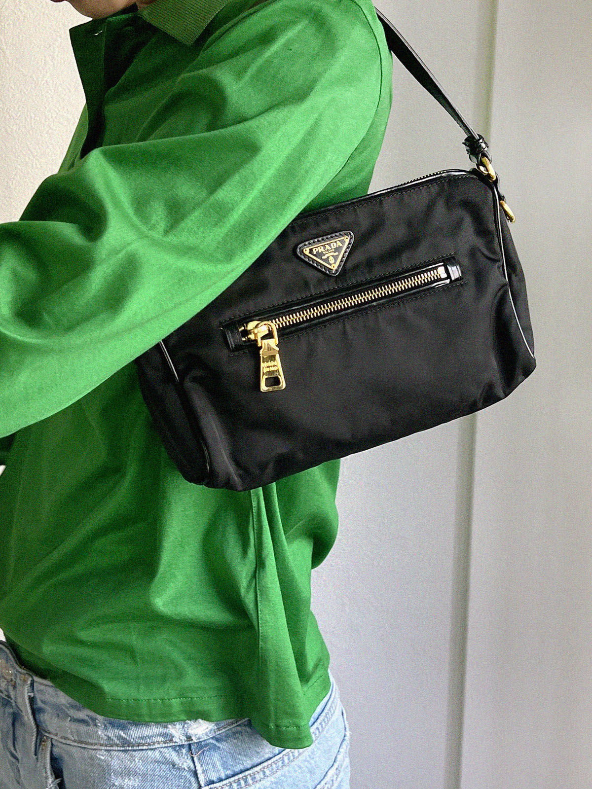 Nylon logo plate handbag in black