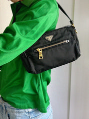 Nylon logo plate handbag in black