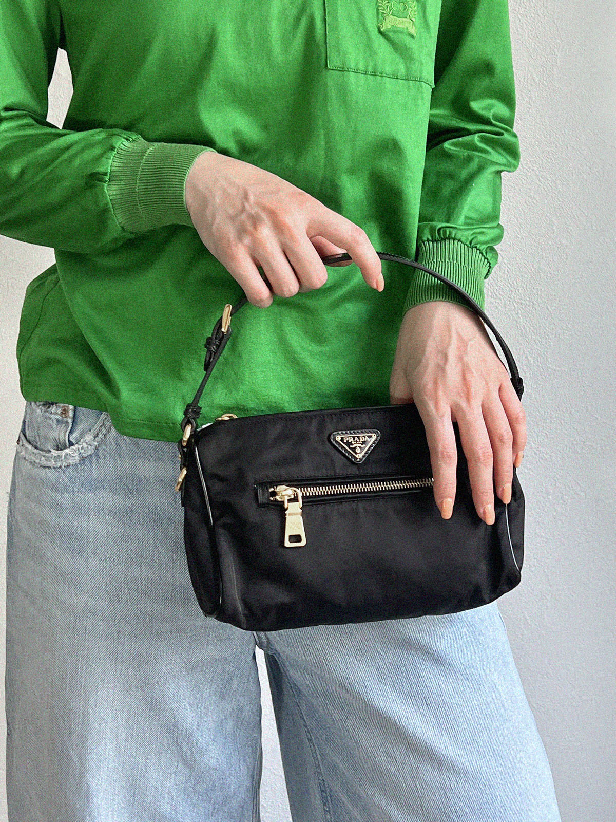 Nylon logo plate handbag in black