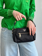 Nylon logo plate handbag in black