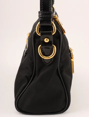 Nylon logo plate handbag in black