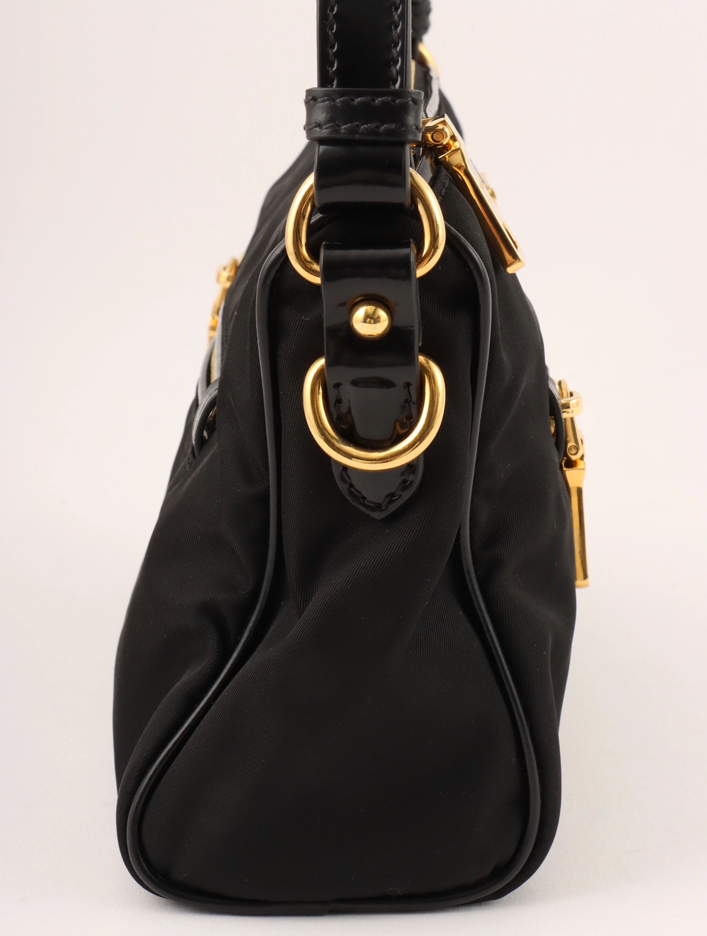 Nylon logo plate handbag in black
