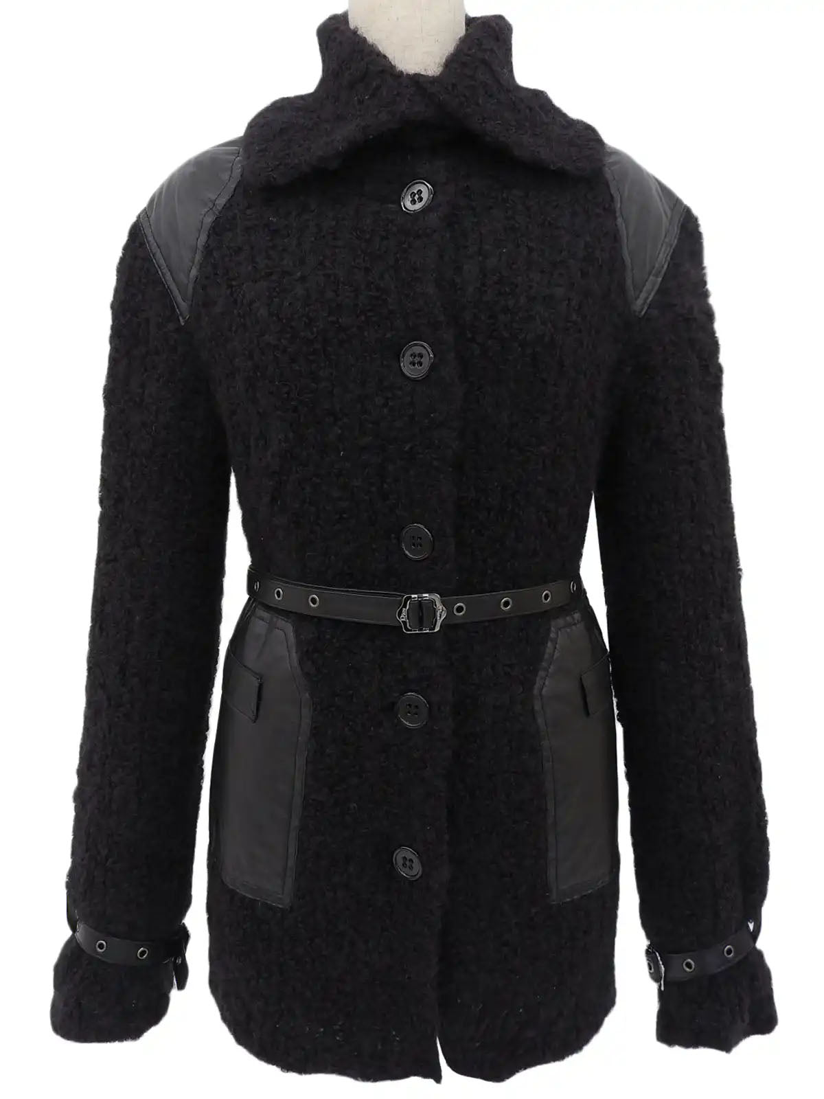 Knit Leather Combination Logo Buckle Coat in Black