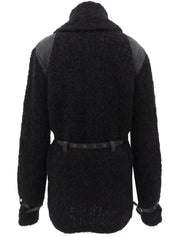 Knit Leather Combination Logo Buckle Coat in Black