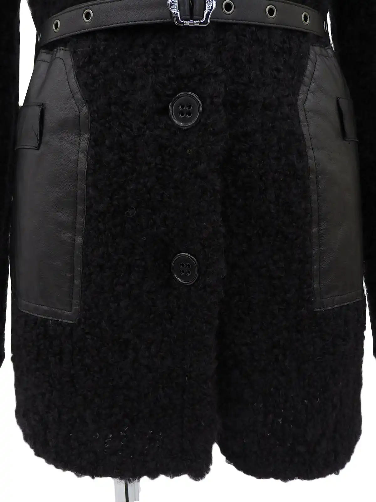 Knit Leather Combination Logo Buckle Coat in Black