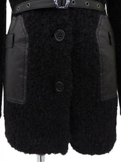 Knit Leather Combination Logo Buckle Coat in Black