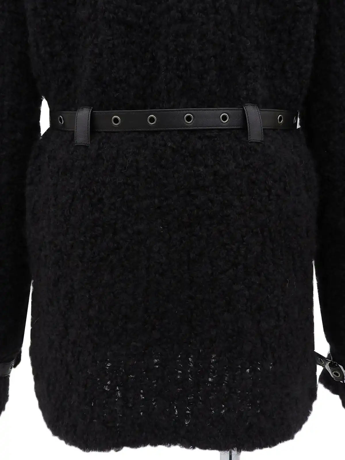 Knit Leather Combination Logo Buckle Coat in Black