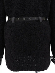 Knit Leather Combination Logo Buckle Coat in Black