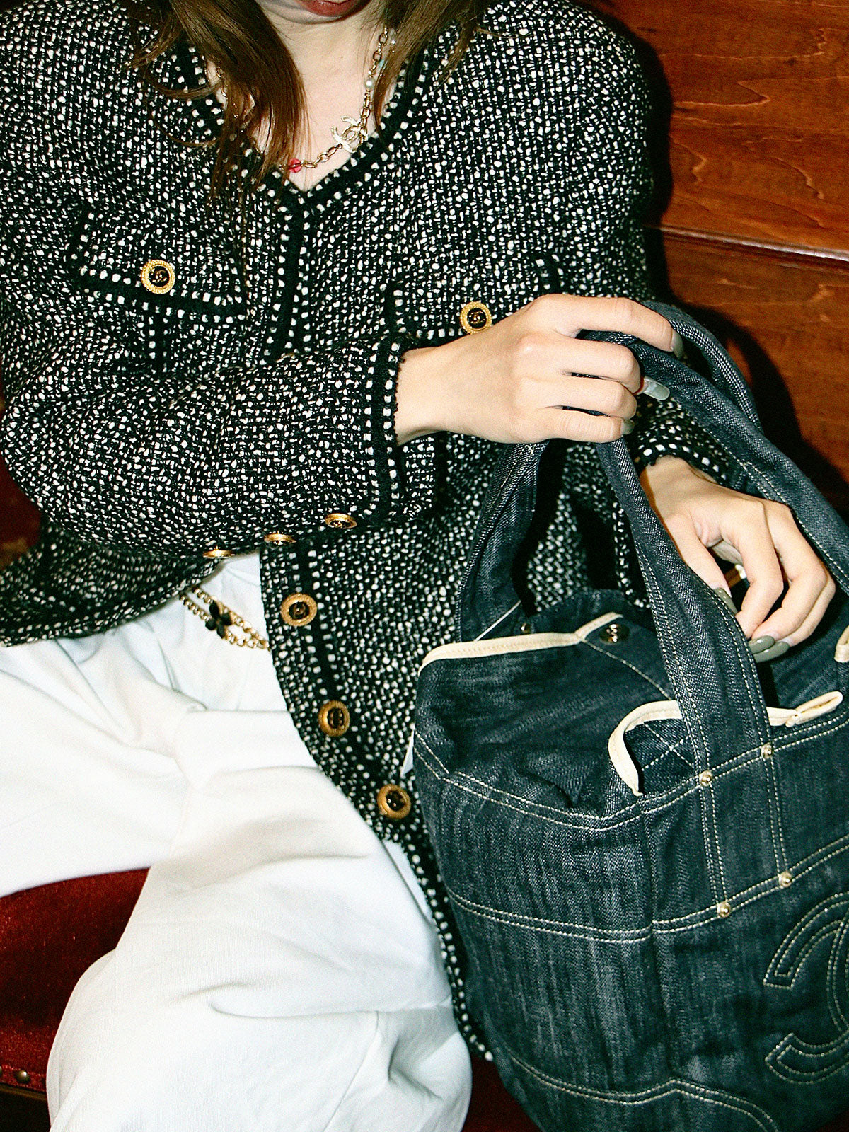 Tweed CC Mark Button Jacket in Black/White