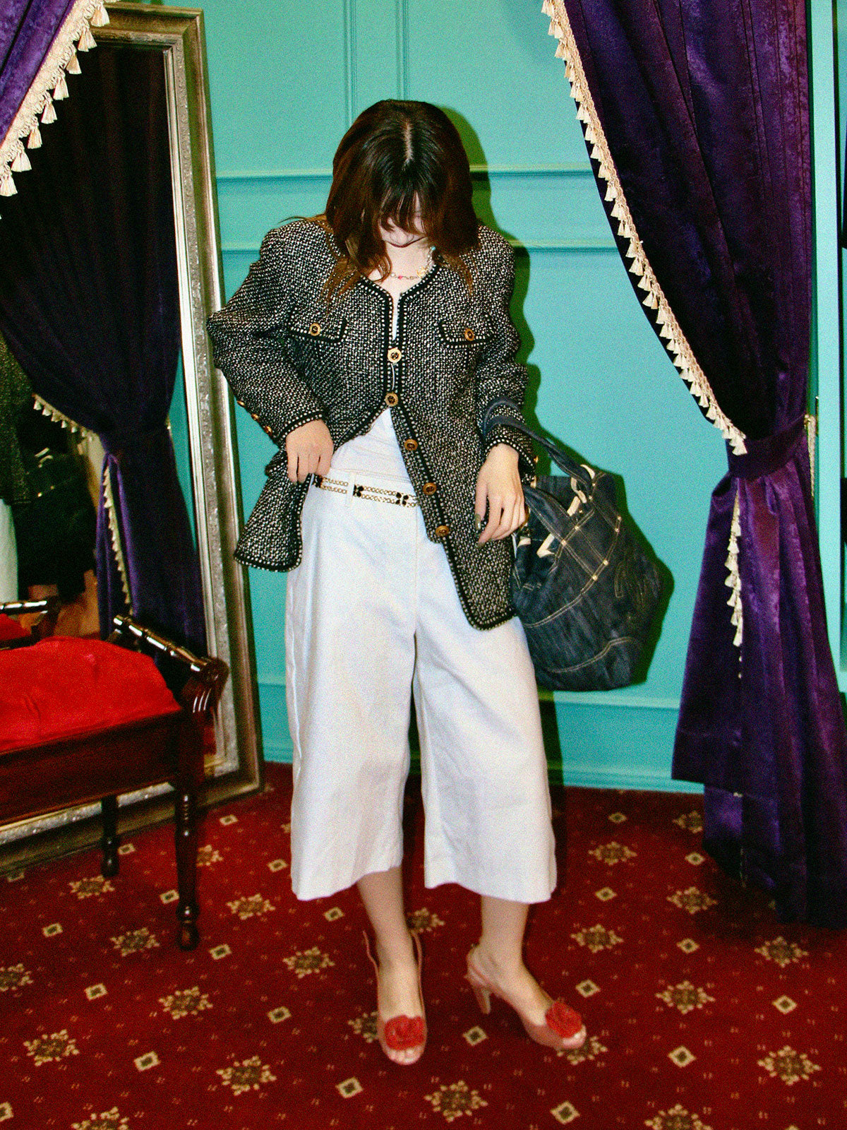 Tweed CC Mark Button Jacket in Black/White