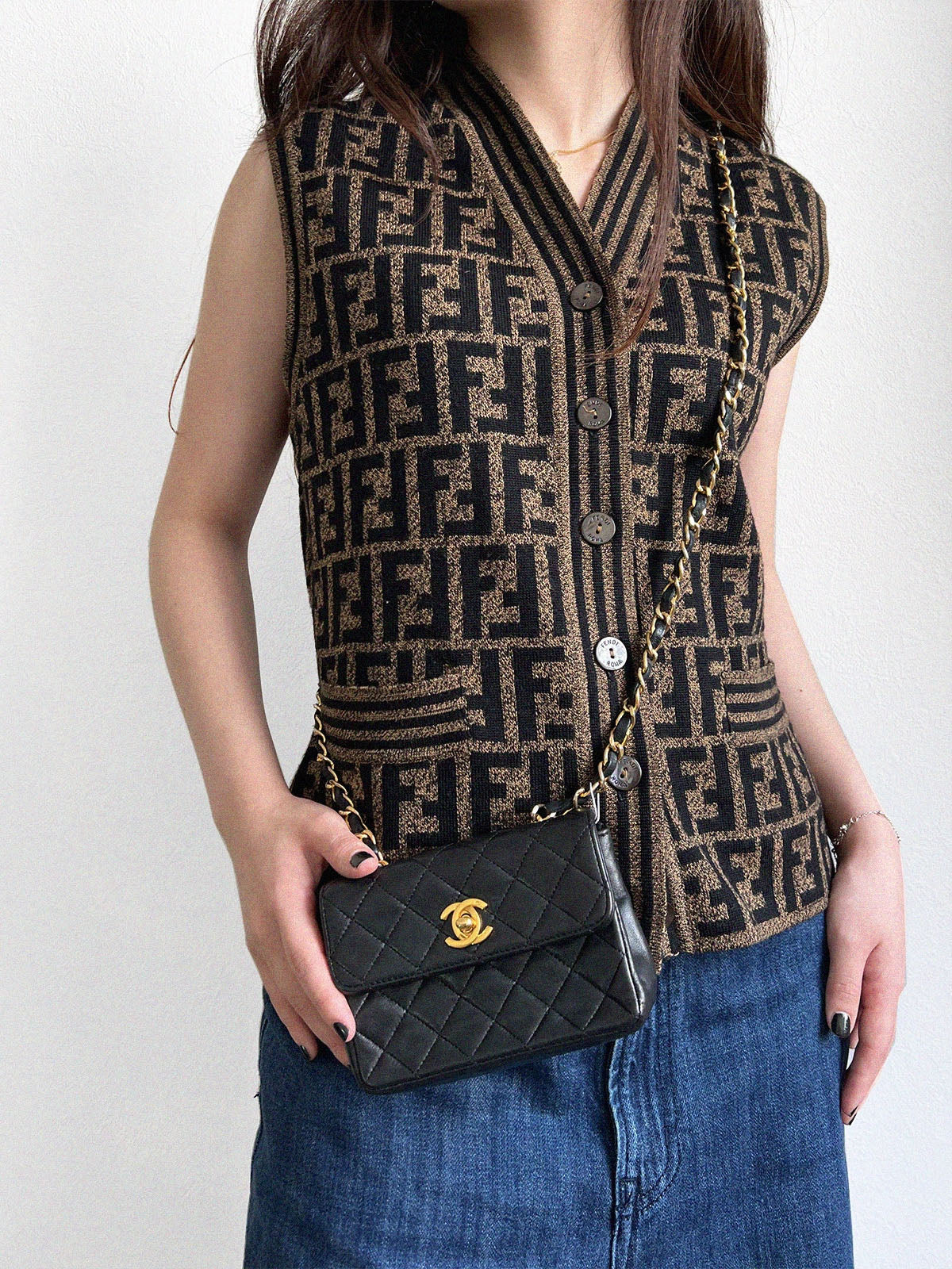 Wool FF Zucca Pattern Knit Vest in Brown/Black