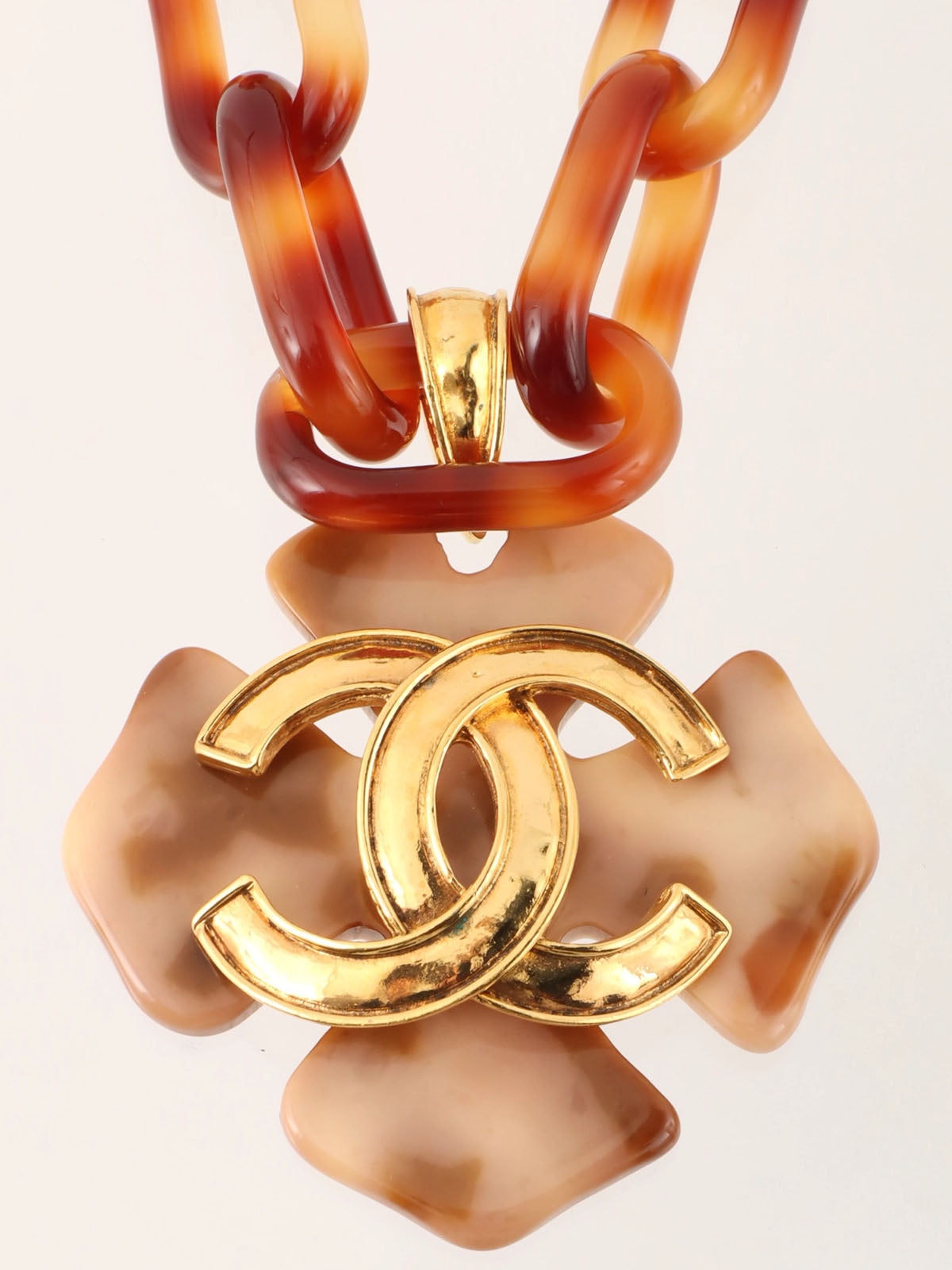 1993年製 ブラウンマーブル柄デザインモチーフCCマークロングネックレス ゴールド/ブラウン/ベージュ