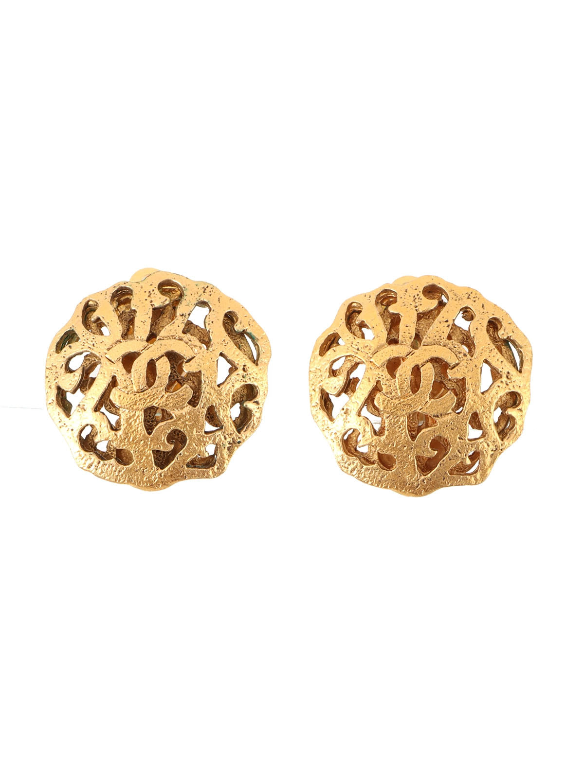 1990 Round Design Cutout CC Mark Earrings Gold
