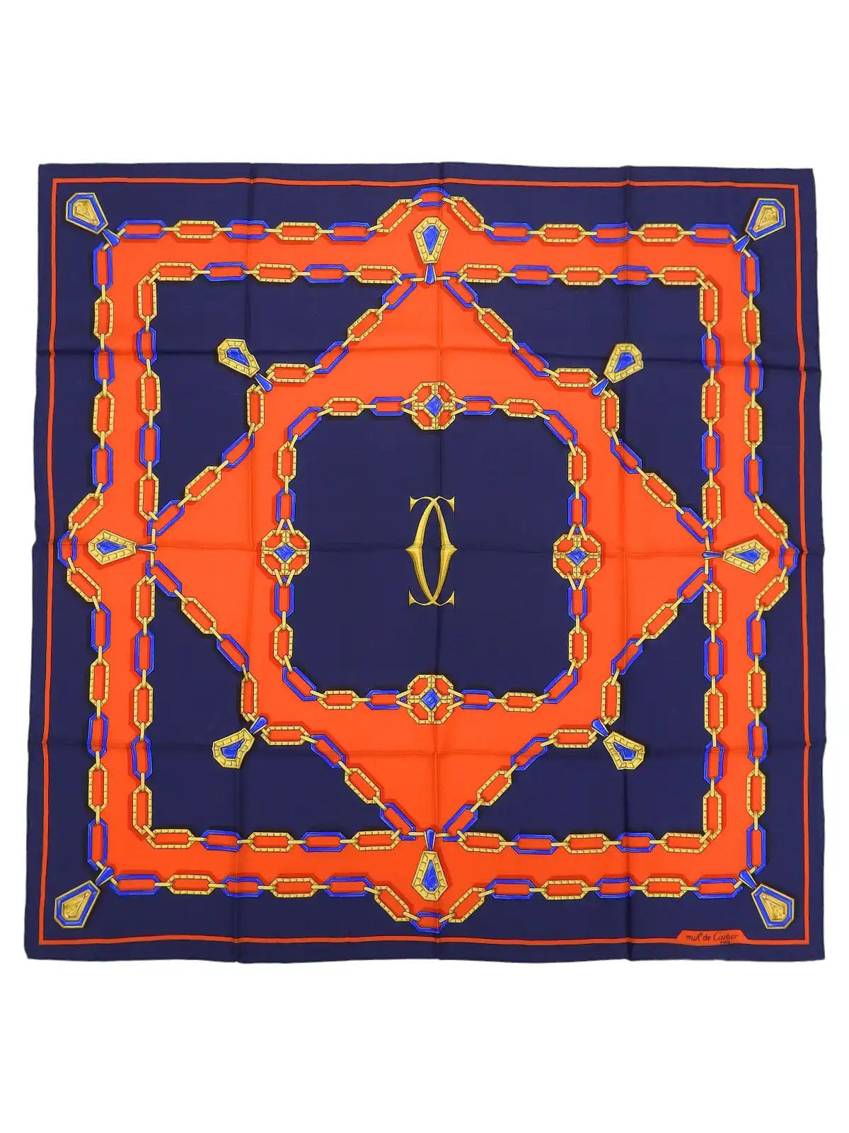 Logo chain pattern scarf in navy, orange, and multicolor