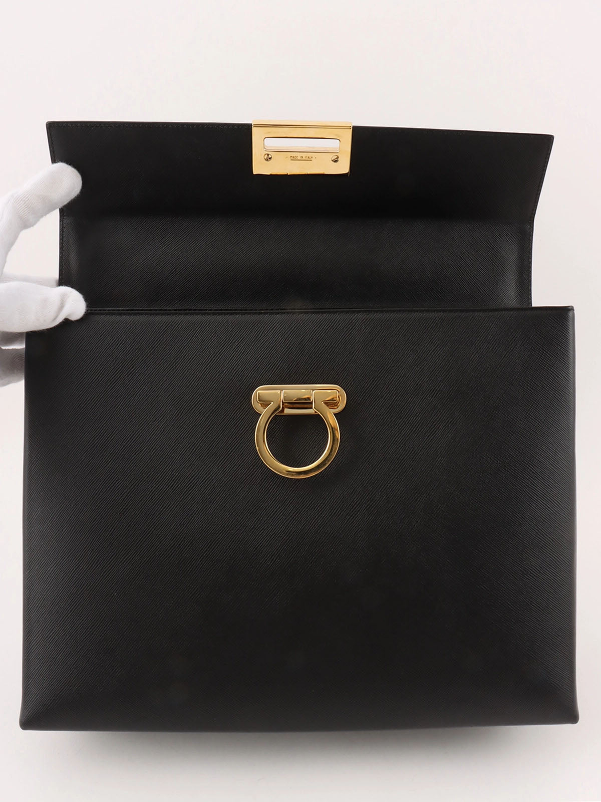 Saffiano Gancini Plate 2-Way Bag, Black
