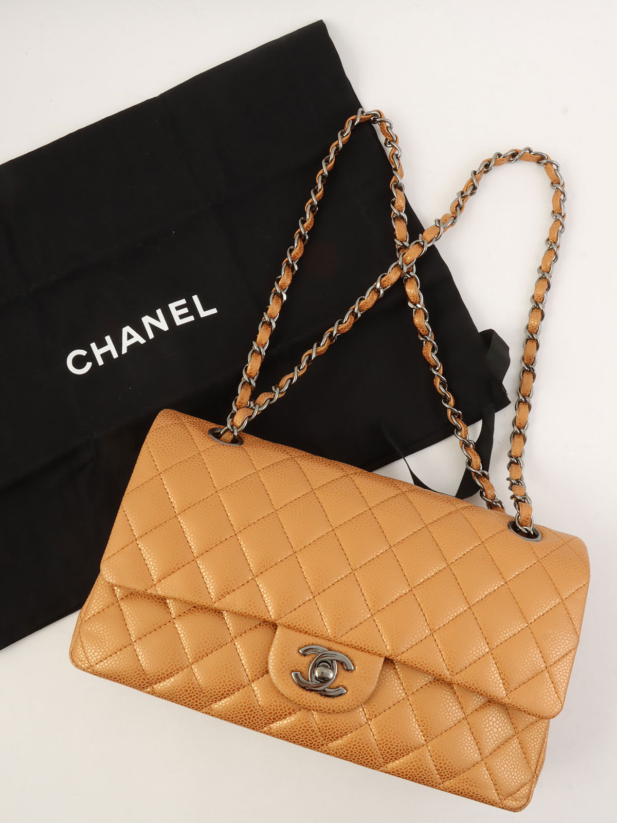 2010年頃製 クラシックフラップチェーンバッグ25cm メタリックオレンジ
