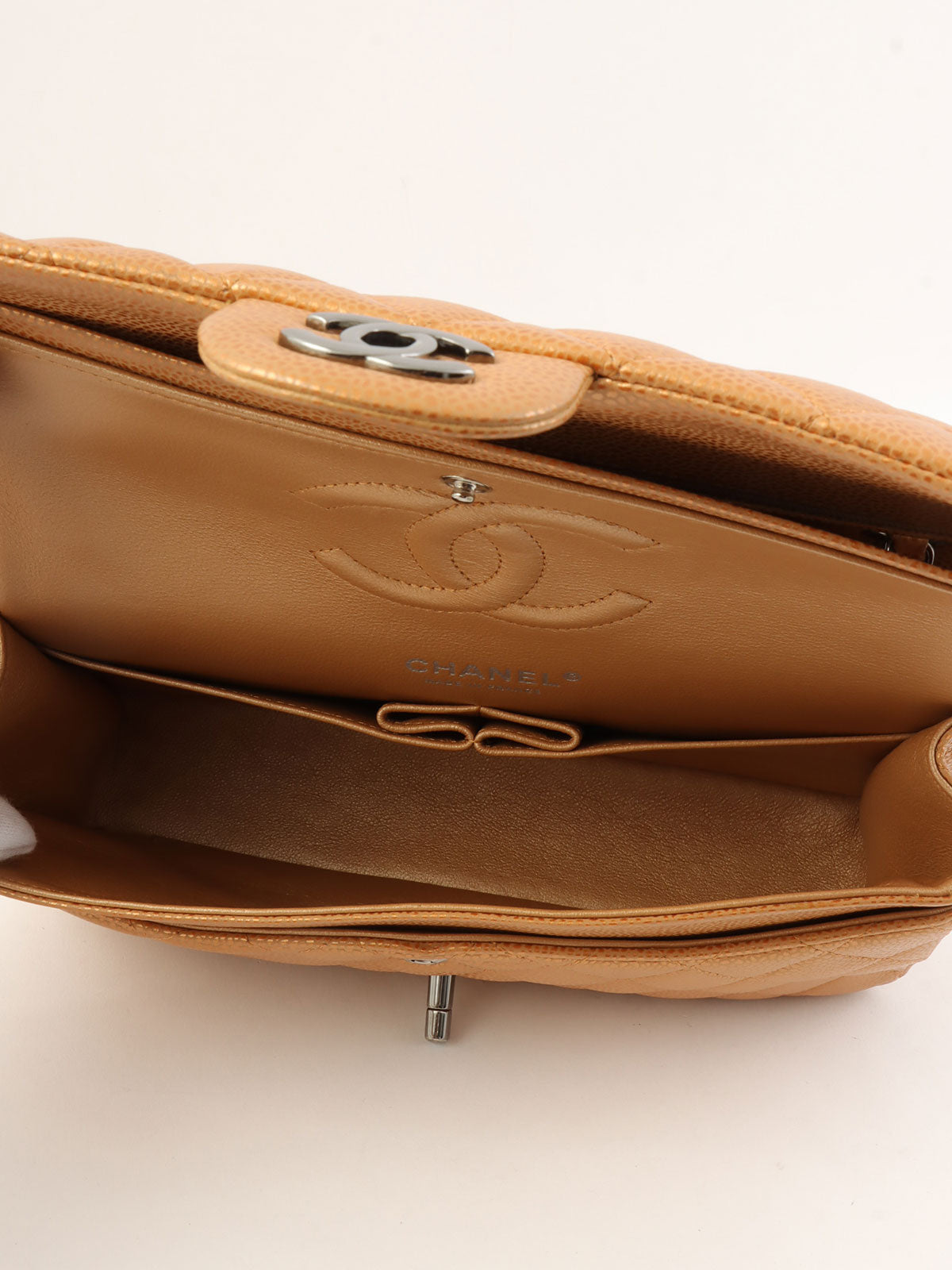 2010年頃製 クラシックフラップチェーンバッグ25cm メタリックオレンジ