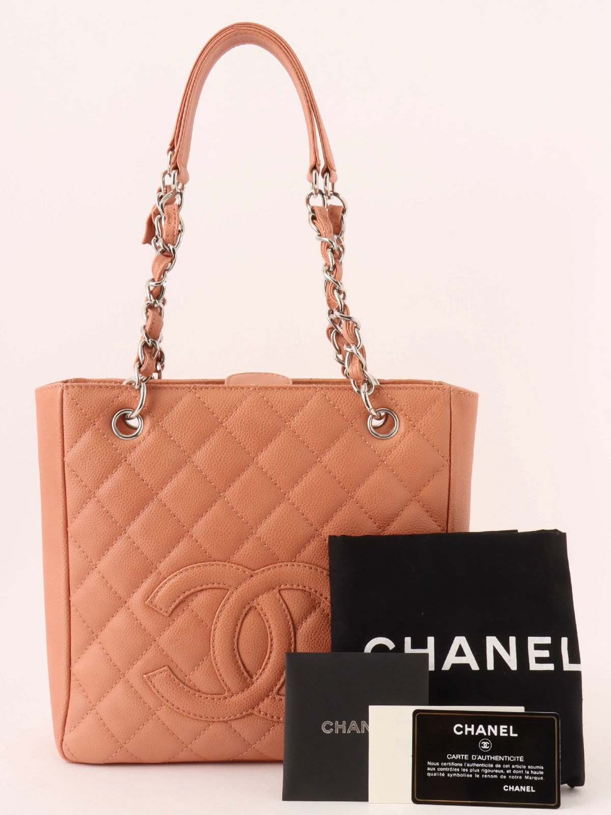 2008 Caviar Skin CC Mark Stitch Chain Tote Bag in Coral Pink