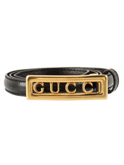 Leather logo buckle belt in black/gold