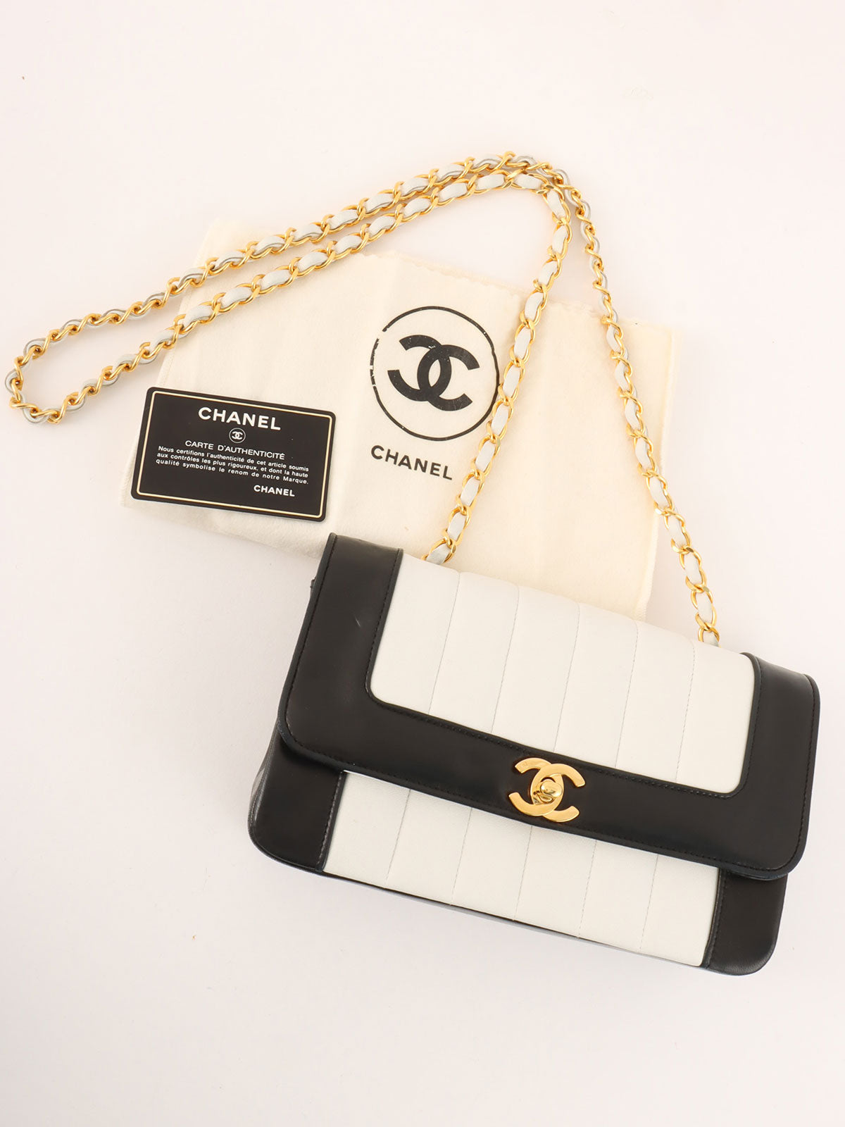 Mademoiselle Stitch Bicolor CC Turnlock Chain Shoulder Bag, White/Black, circa 1992