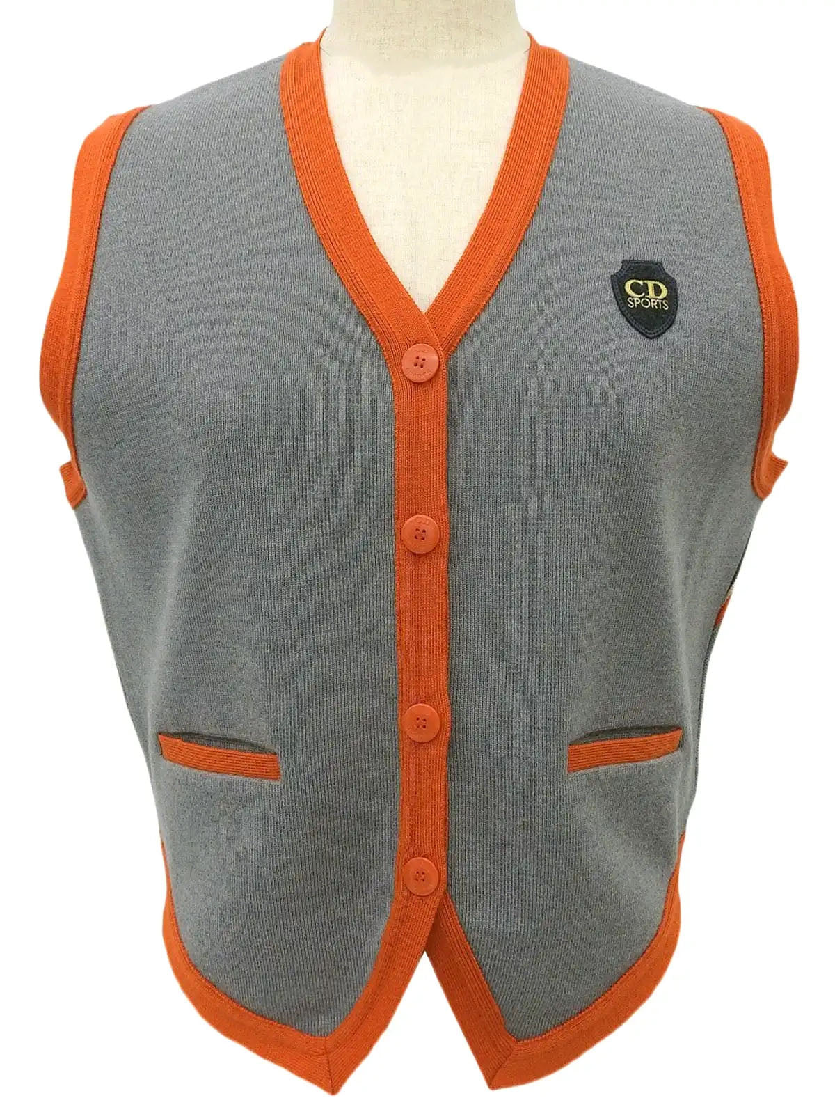 バイカラーロゴワッペンニットベスト　グレー／オレンジ