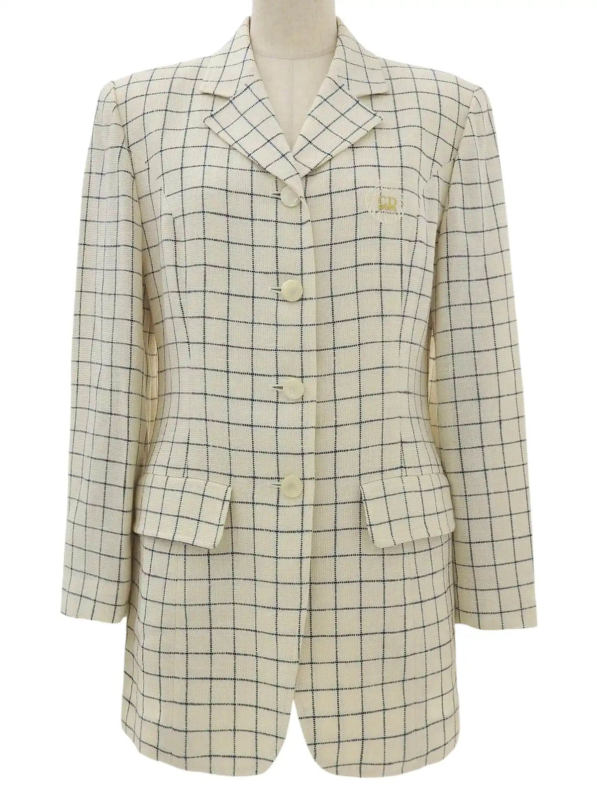Block Check Pattern Shell Logo Button Jacket in Ivory/Navy