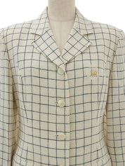 象牙色/海军蓝格纹贝壳徽标纽扣夹克