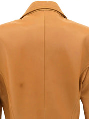 Logo Button Leather Jacket in Camel