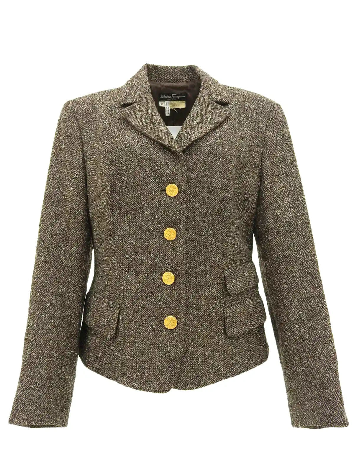 ヘリンボーンパターンヒールボタンジャケット ブラウン/グレー