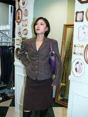 ヘリンボーンパターンヒールボタンジャケット ブラウン/グレー