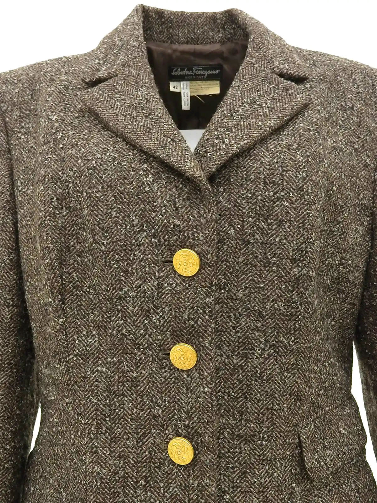 ヘリンボーンパターンヒールボタンジャケット ブラウン/グレー