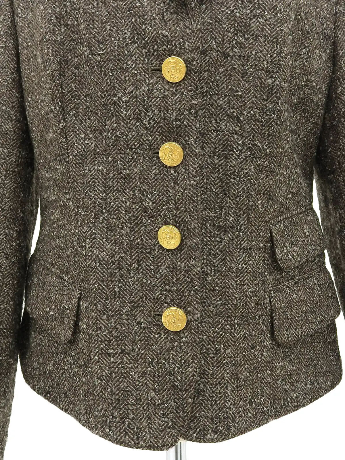 ヘリンボーンパターンヒールボタンジャケット ブラウン/グレー