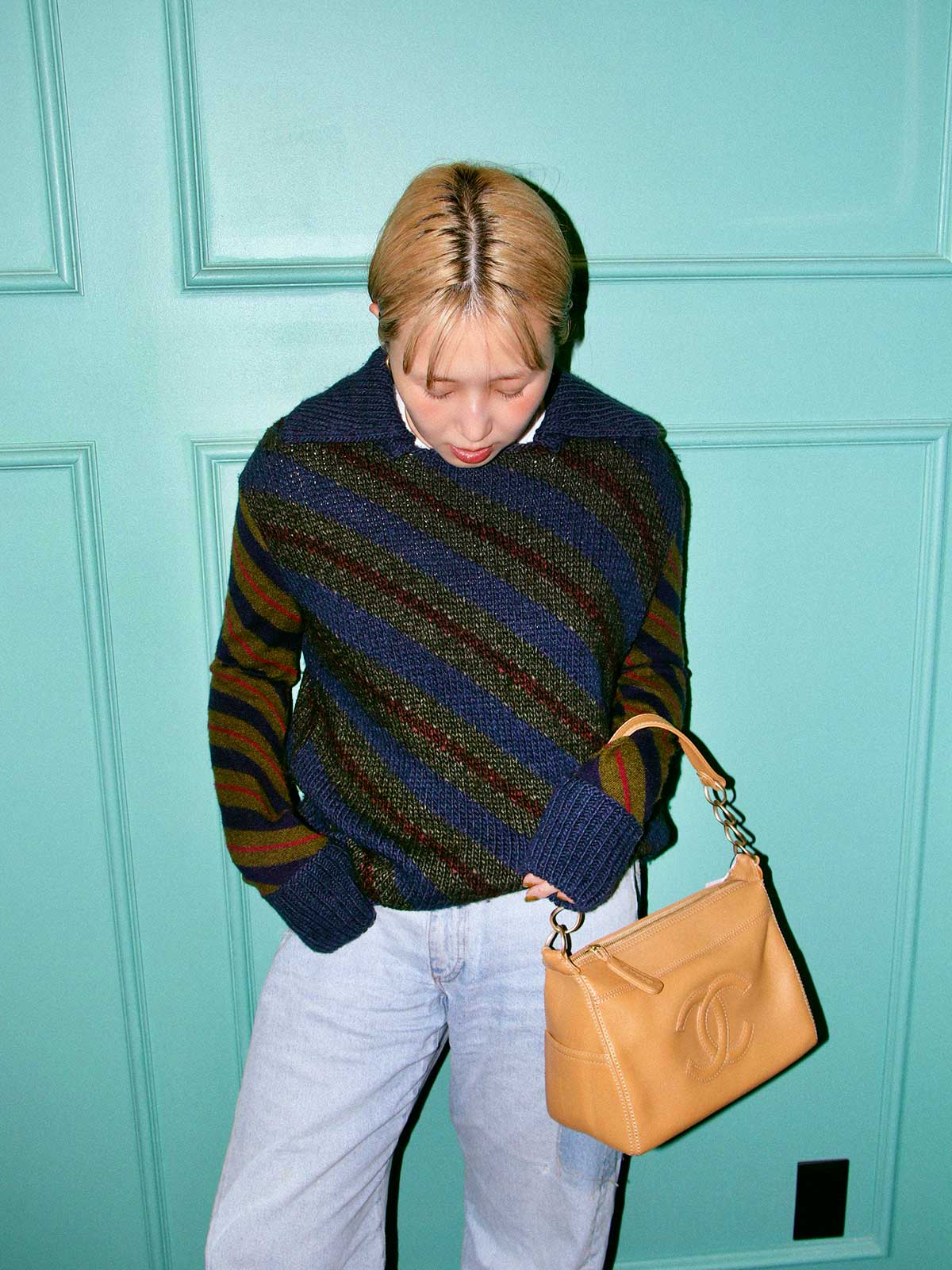 Striped knit top in navy/khaki/burgundy