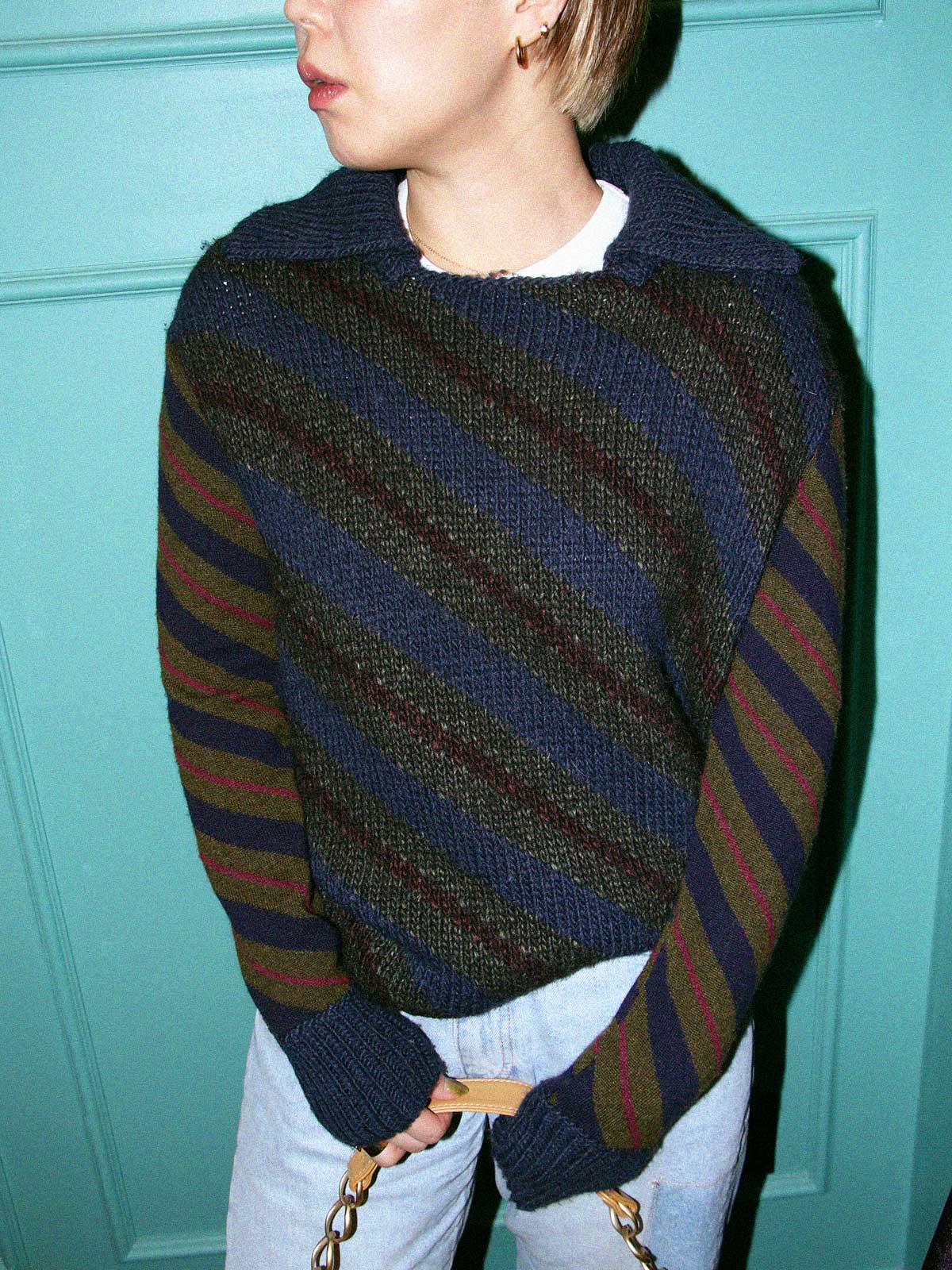 Striped knit top in navy/khaki/burgundy