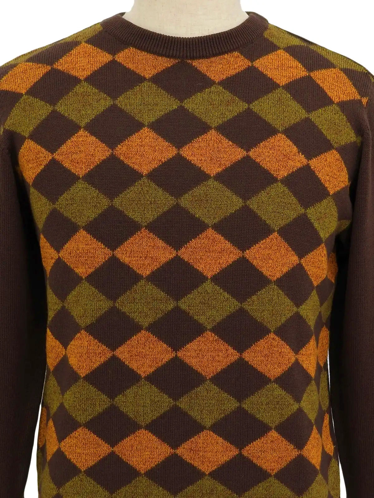 ダイヤパターンロゴ刺繍ロングスリーブニットトップス　ブラウン／オレンジ／カーキ