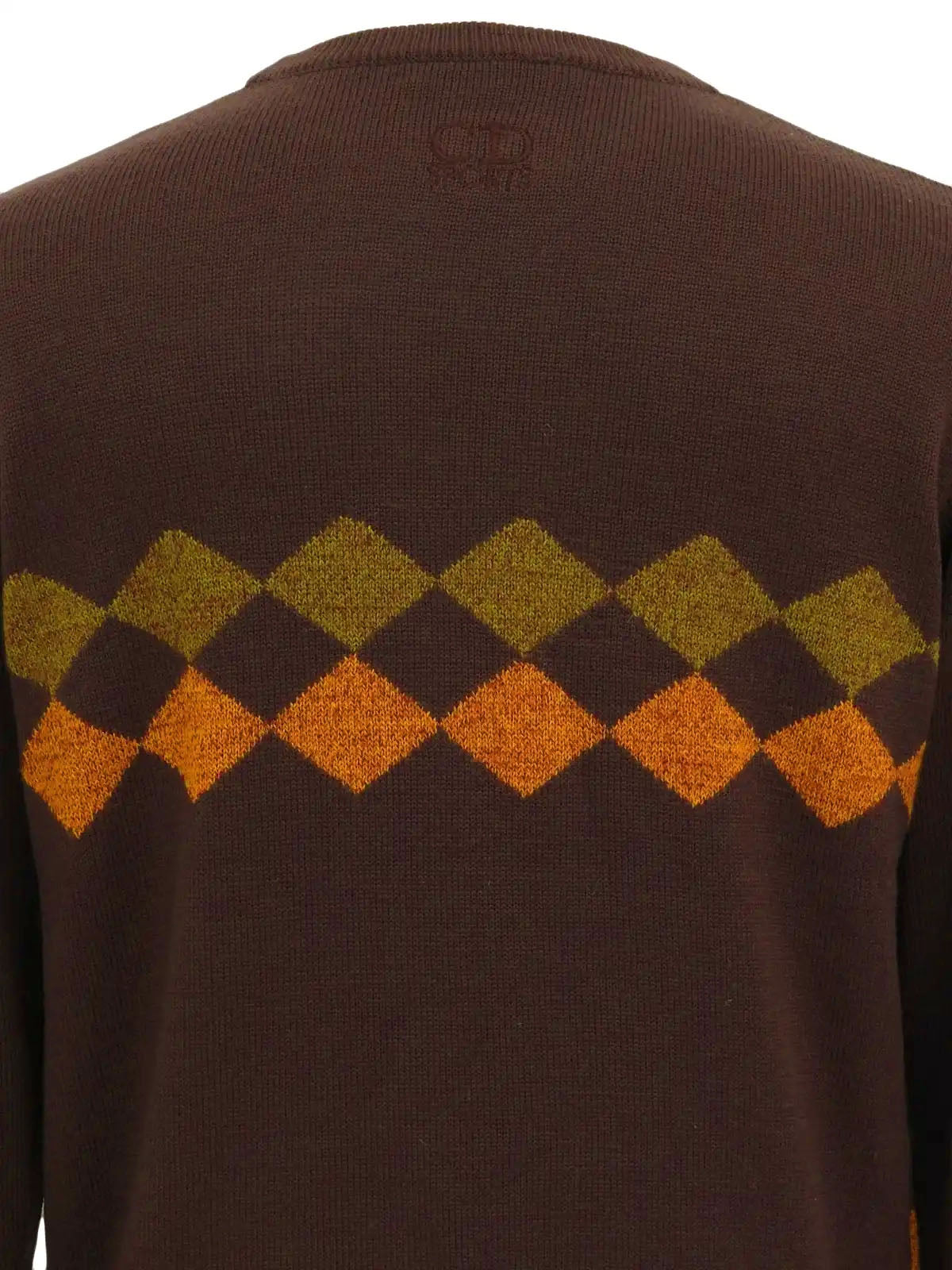 ダイヤパターンロゴ刺繍ロングスリーブニットトップス　ブラウン／オレンジ／カーキ