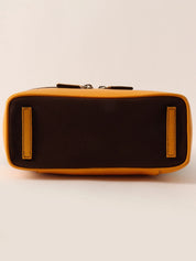 帆布皮革组合标志压纹口金手提包 棕色/黄色