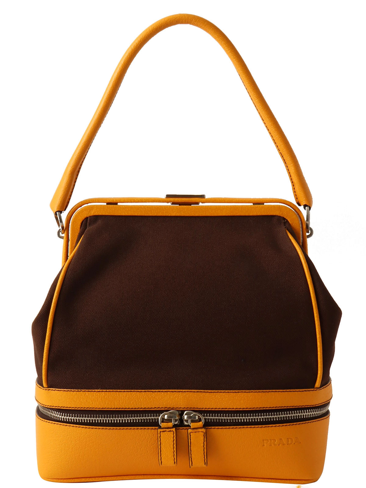 帆布皮革组合标志压纹口金手提包 棕色/黄色