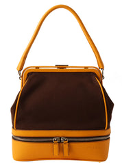 帆布皮革组合标志压纹口金手提包 棕色/黄色