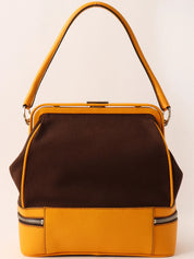 Canvas and leather combination logo embossed clasp handbag in brown/yellow
