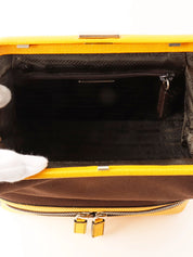 Canvas and leather combination logo embossed clasp handbag in brown/yellow